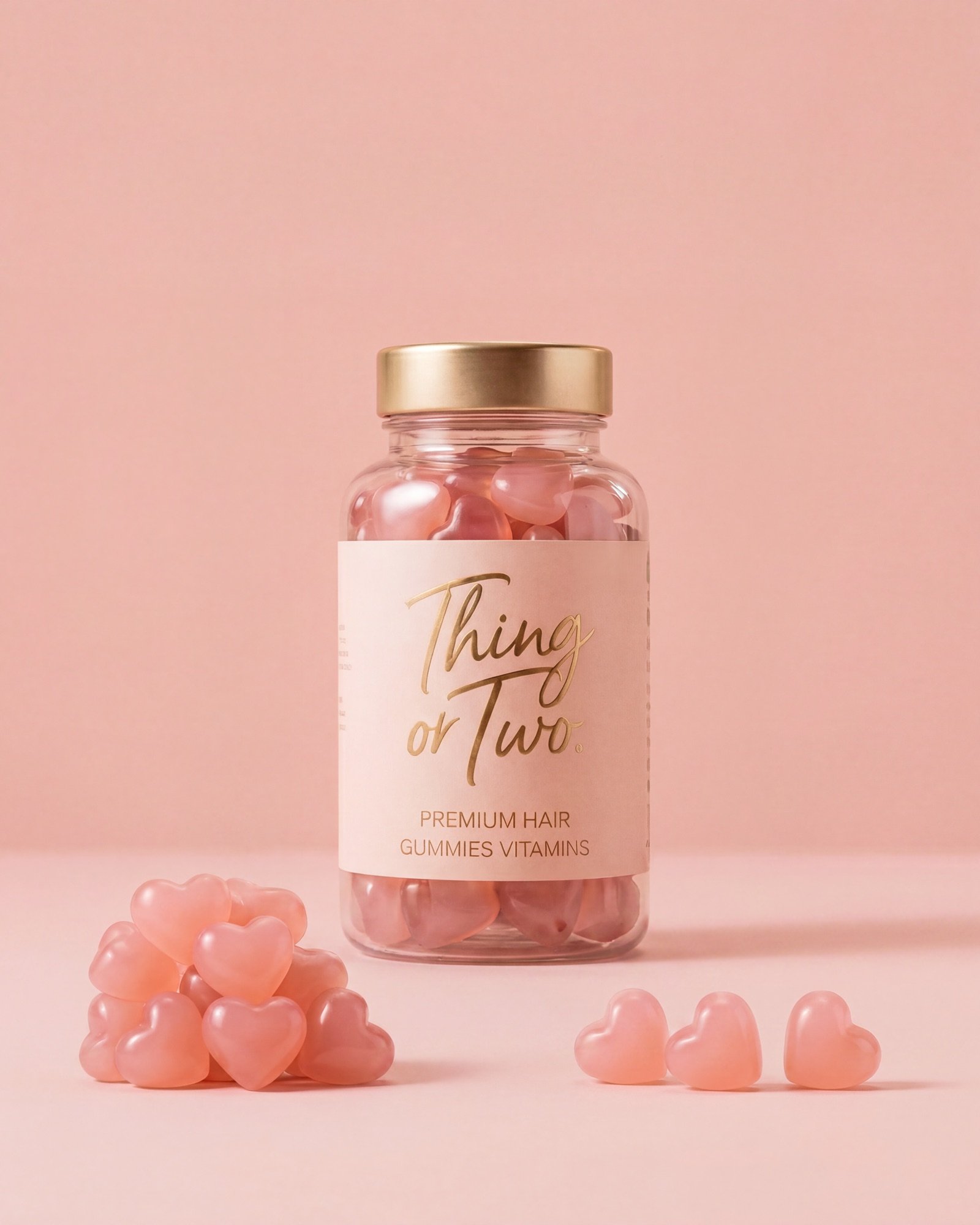 Thing or Two gummies bottle with heart-shaped gummies
